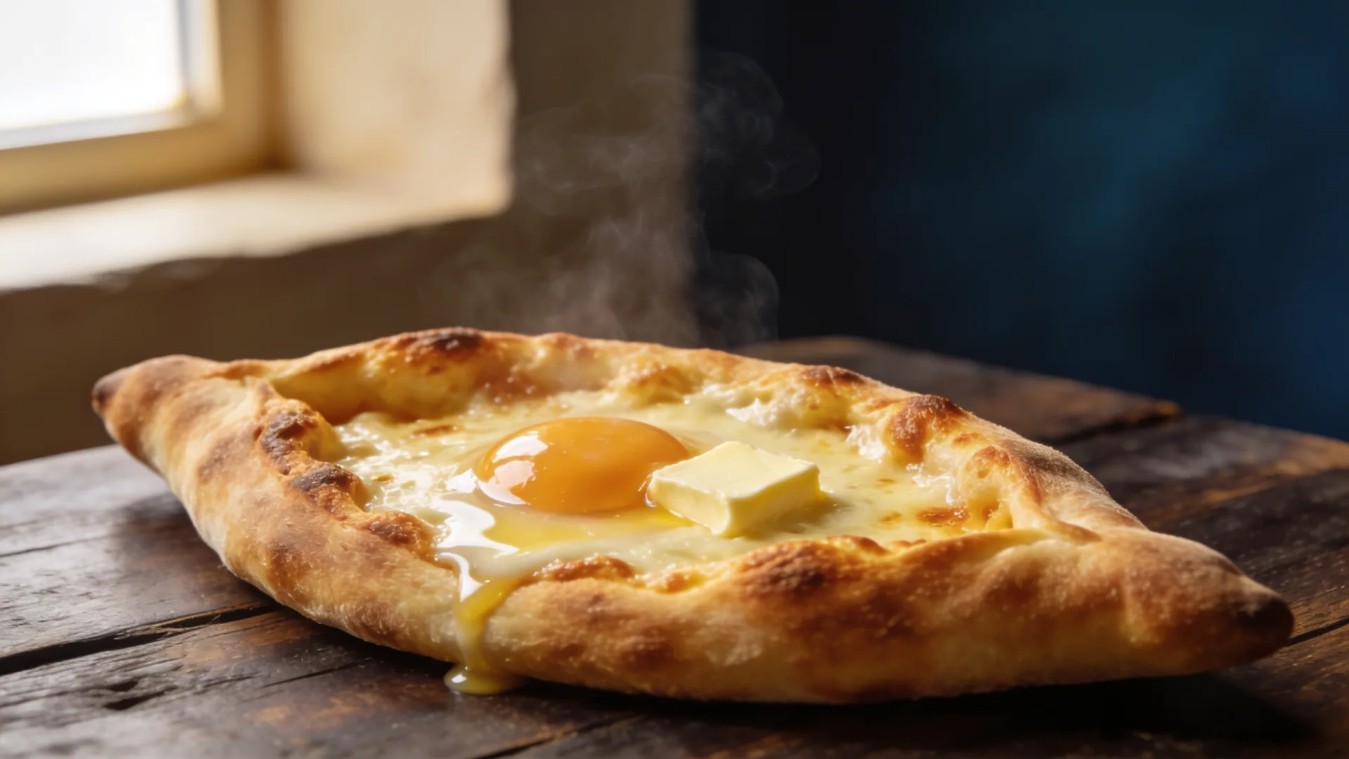 Frisch gebackenes Adjaruli-Khachapuri mit geschmolzenem Käse, Eigelb und Butter