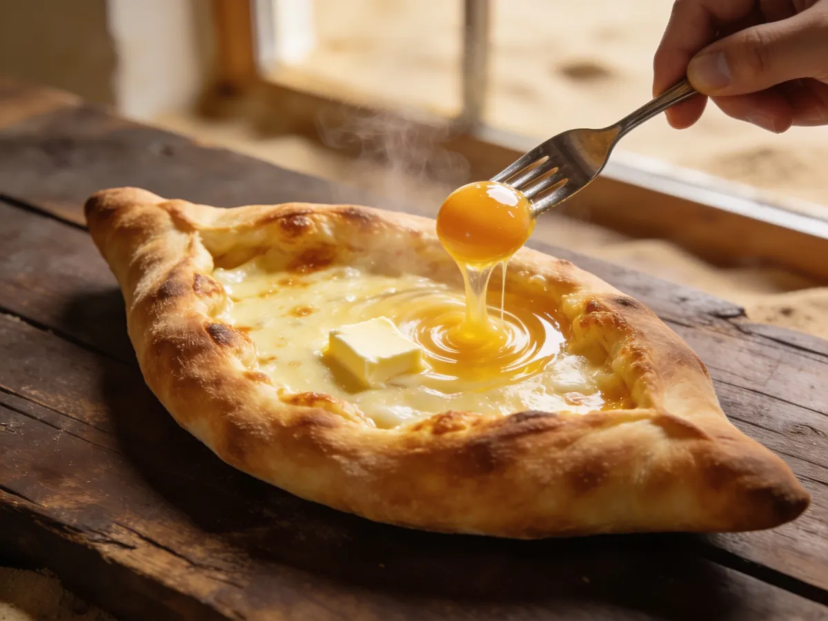 Eigelb und Butter werden mit einer Gabel in den heißen Käse des Adjaruli gerührt
